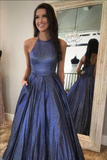 Shiny Navy Blue A Line Halter Neck Cute Prom Dresses, Long Formal Dress PFP2338