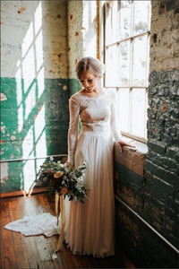 Chiffon A Line Long Sleeves Open Back Lace Wedding Dress, Bridal Dress PFW0643
