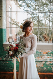 Chiffon A Line Long Sleeves Open Back Lace Wedding Dress, Bridal Dress PFW0643