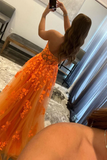Orange Tulle Lace Long Prom Dress Orange Tulle Formal Evening Dress PFP2339