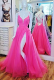 Hot Pink Tulle A Line V Neck Long Prom Dress, Gorgeous Formal Gown PFP2341