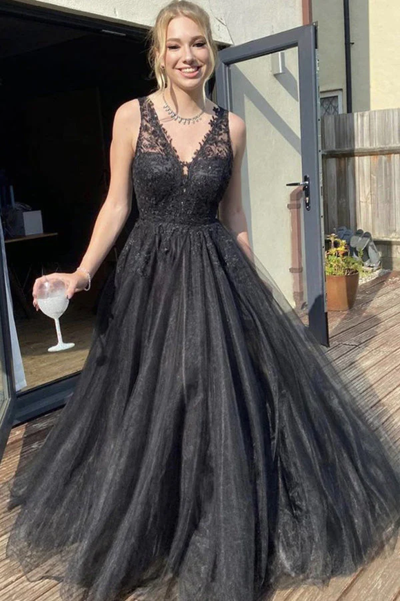 A Line V Neck Black Tulle Prom Dress Black Formal Dress PFP2342