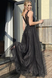 A Line V Neck Black Tulle Prom Dress Black Formal Dress PFP2342