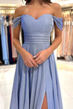 Off The Shoulder Shiny Blue Long Prom Dresses Formal Dress PFP2344