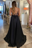 Classic Detachable A Line V Neck Sequins Black Tulle Prom Formal Gown PFP2346