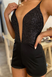 Classic Detachable A Line V Neck Sequins Black Tulle Prom Formal Gown PFP2346