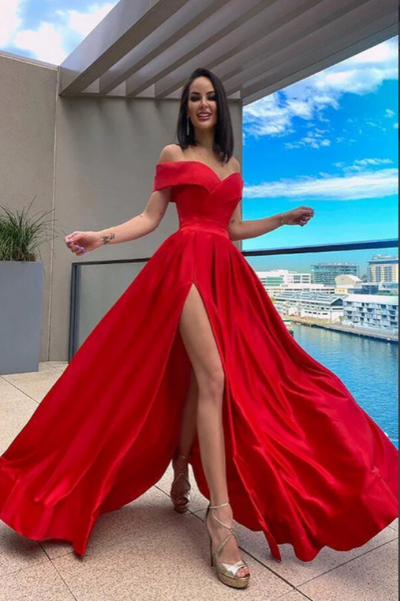 Red Satin A Line Off The Shoulder Prom Dresses With Slit, Evening Dress PFP2351
