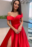 Red Satin A Line Off The Shoulder Prom Dresses With Slit, Evening Dress PFP2351