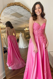Hot Pink Floral Appliques Lace Up A Line Prom Evening Dress PFP2353