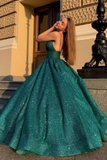 Shiny Green Ball Gown V Neck Cheap Prom Dresses, Long Formal Dresses PFP2355