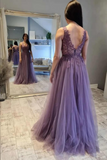 Mauve Tulle A Line Lace V Neck Floor Length Prom Dresses, Evening Dress PFP2356
