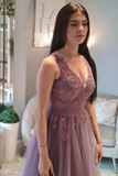 Mauve Tulle A Line Lace V Neck Floor Length Prom Dresses, Evening Dress PFP2356
