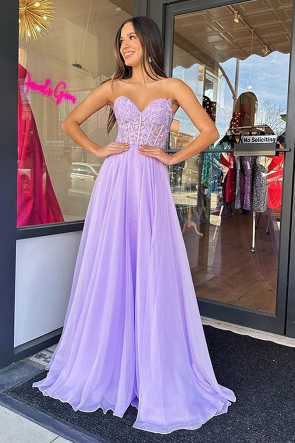 purple lace prom dress Strapless Sweetheart Neck Purple Lace Long Prom Dress, Lavender Lace F –  Promfast