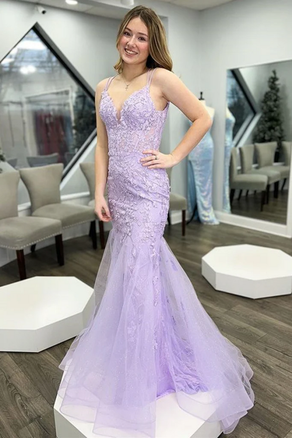 Mermaid V Neck Purple Lace Long Prom Dress, Mermaid Purple Formal Dress, Purple Lace Evening Dress PFP2358