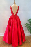 V Neck Open Back Red Lace Long Prom Dress, Red Lace Formal Dress, Beaded Red Evening Dress PFP2359