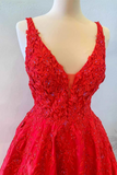 V Neck Open Back Red Lace Long Prom Dress, Red Lace Formal Dress, Beaded Red Evening Dress PFP2359