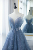Shiny Tulle V Neck Blue Long Prom Dress, Blue Tulle Formal Evening Dress, Blue Ball Gown PFP2360