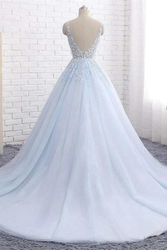Charming Light Blue Ball Gown Lace Tulle V Neck Princess Prom Dress PFP2361