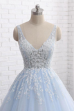 Charming Light Blue Ball Gown Lace Tulle V Neck Princess Prom Dress PFP2361