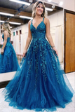 Blue Tulle A Line V Neck Lace Appliques Long Prom Dresses, Evening Gown PFP2363