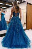 Blue Tulle A Line V Neck Lace Appliques Long Prom Dresses, Evening Gown PFP2363