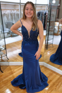 Navy Blue Mermaid V Neckline Rhinestone Long Prom Dress PFP2364