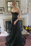 Strapless Black Lace Tulle Long Prom Dress, Black Lace Formal Dress, Long Black Evening Dress PFP2365