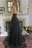 Strapless Black Lace Tulle Long Prom Dress, Black Lace Formal Dress, Long Black Evening Dress PFP2365