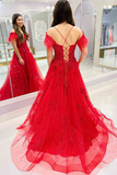 V Neck Off Shoulder Red Lace Long Prom Dress with High Slit, Red Lace Formal Dress, Red Evening Dress PFP2367