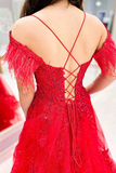 V Neck Off Shoulder Red Lace Long Prom Dress with High Slit, Red Lace Formal Dress, Red Evening Dress PFP2367