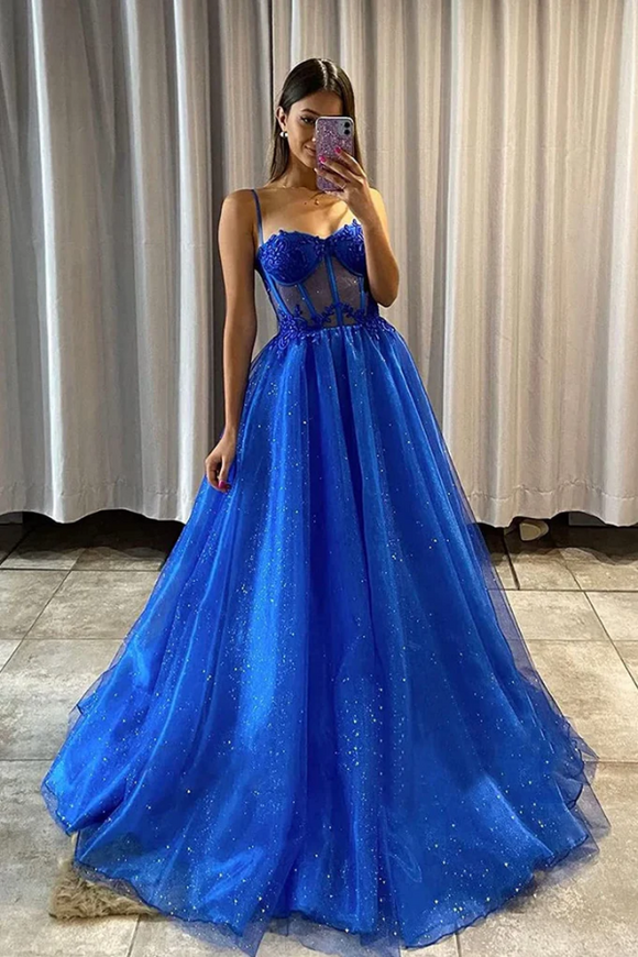 A Line Shiny Royal Blue Tulle Sweetheart Formal Prom Dress PFP2368