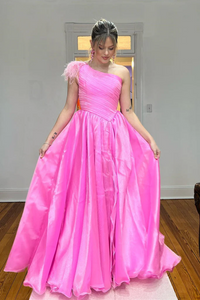 One Shoulder Pink Tulle Long Prom Dress, Pink Formal Dress, Off the Shoulder Evening Dress PFP2371