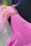 One Shoulder Pink Tulle Long Prom Dress, Pink Formal Dress, Off the Shoulder Evening Dress PFP2371