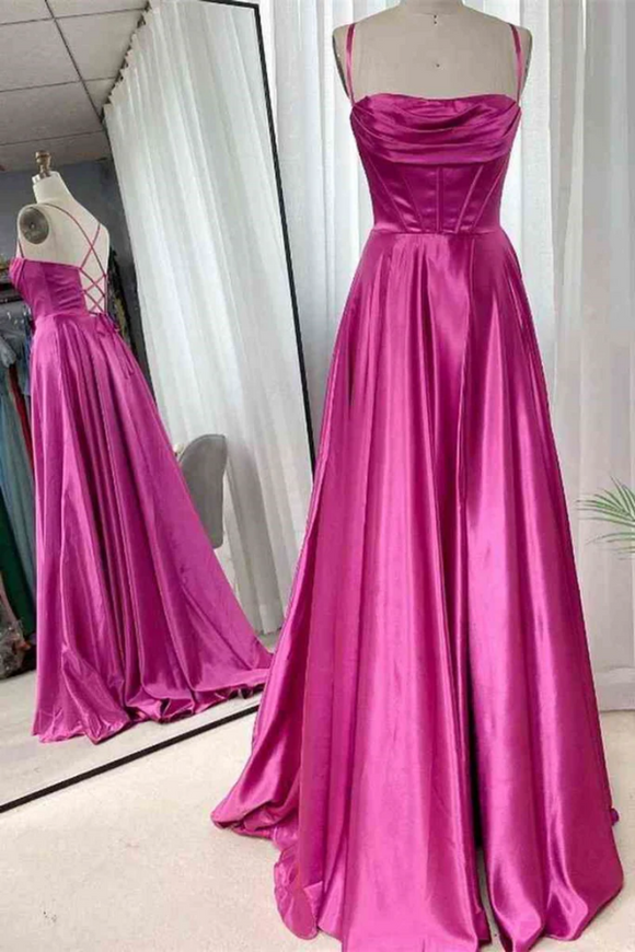Open Back Fuchsia Satin Ruched Long Prom Dress, Long Fuchsia Formal Graduation Evening Dress PFP2374