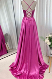 Open Back Fuchsia Satin Ruched Long Prom Dress, Long Fuchsia Formal Graduation Evening Dress PFP2374