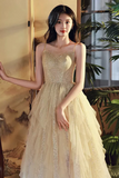 Shiny A Line Champagne Tulle Long Prom Dress, Layered Formal Graduation Evening Dress PFP2375