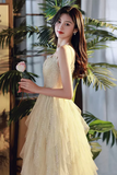 Shiny A Line Champagne Tulle Long Prom Dress, Layered Formal Graduation Evening Dress PFP2375