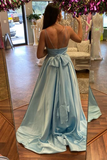 A Line V Neck Blue Satin Long Prom Dress, Long Blue Formal Graduation Evening Dress PFP2376