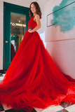 A Line V Neck Red/Blue/Orange Long Prom Dress with Beaded Belt PFP2378
