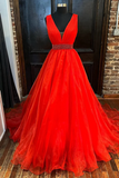 A Line V Neck Red/Blue/Orange Long Prom Dress with Beaded Belt PFP2378