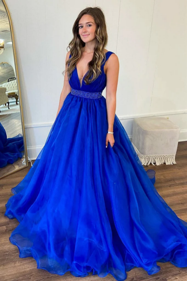 A Line V Neck Red/Blue/Orange Long Prom Dress with Beaded Belt PFP2378 – Promfast