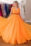 A Line V Neck Red/Blue/Orange Long Prom Dress with Beaded Belt PFP2378