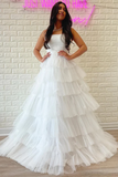 White Strapless Tiered A Line Long Prom Dress With Ruffles PFP2379