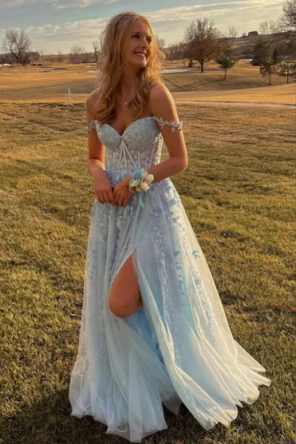 Light Blue Tulle Off Shoulder Long Prom Dresses With Lace Appliques PFP2380