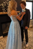 Light Blue Tulle Off Shoulder Long Prom Dresses With Lace Appliques PFP2380