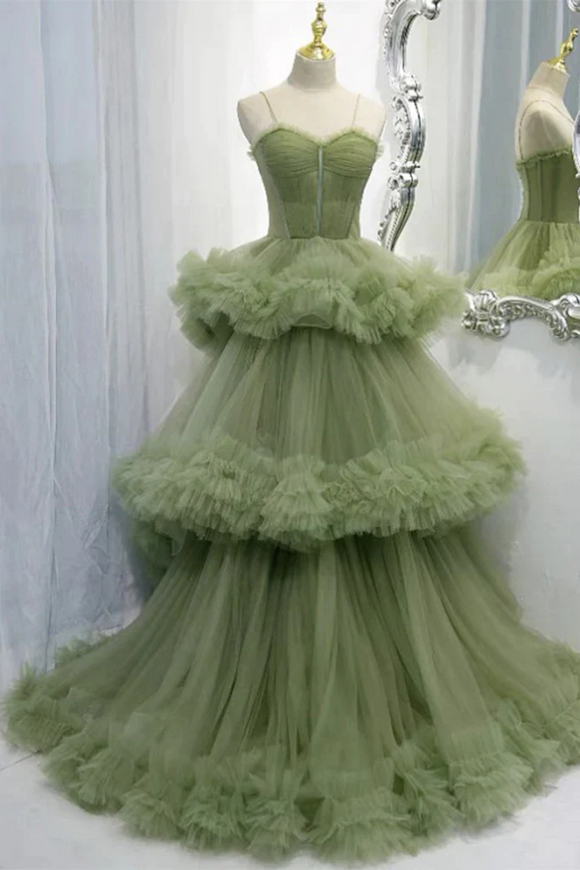 Elegant Straps Pleated Green Tiered Tulle Prom Formal Dress PFP2384