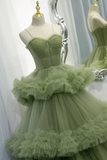 Elegant Straps Pleated Green Tiered Tulle Prom Formal Dress PFP2384