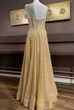 Shiny A Line Spaghetti Straps Gold Prom Dresses Long, Sweetheart Neck Golden Formal Dress PFP2385