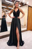 Black Satin A Line V Neck Prom Dresses With Lace, Split Evening Gowns PFP2386