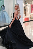 A Line V Neck Backless Black Lace Prom Dress Long, Black Lace Formal Dress PFP2387